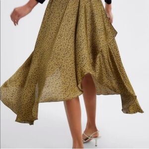 Zara Asymmetrical Midi Skirt in Olive with Black Spot Print